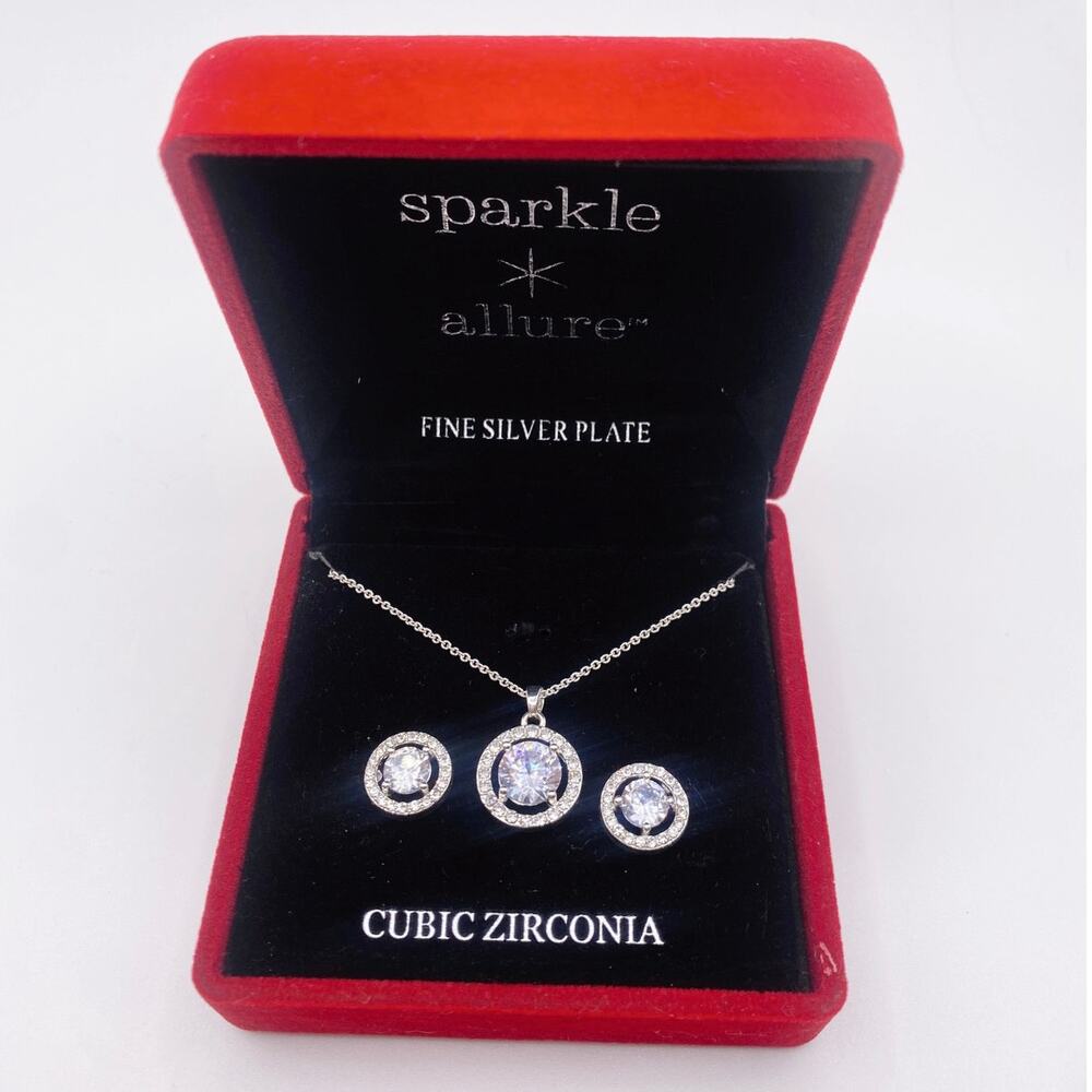 Cubic Zirconia And Silver Plated Necklace and Earrings Studs On Original Box